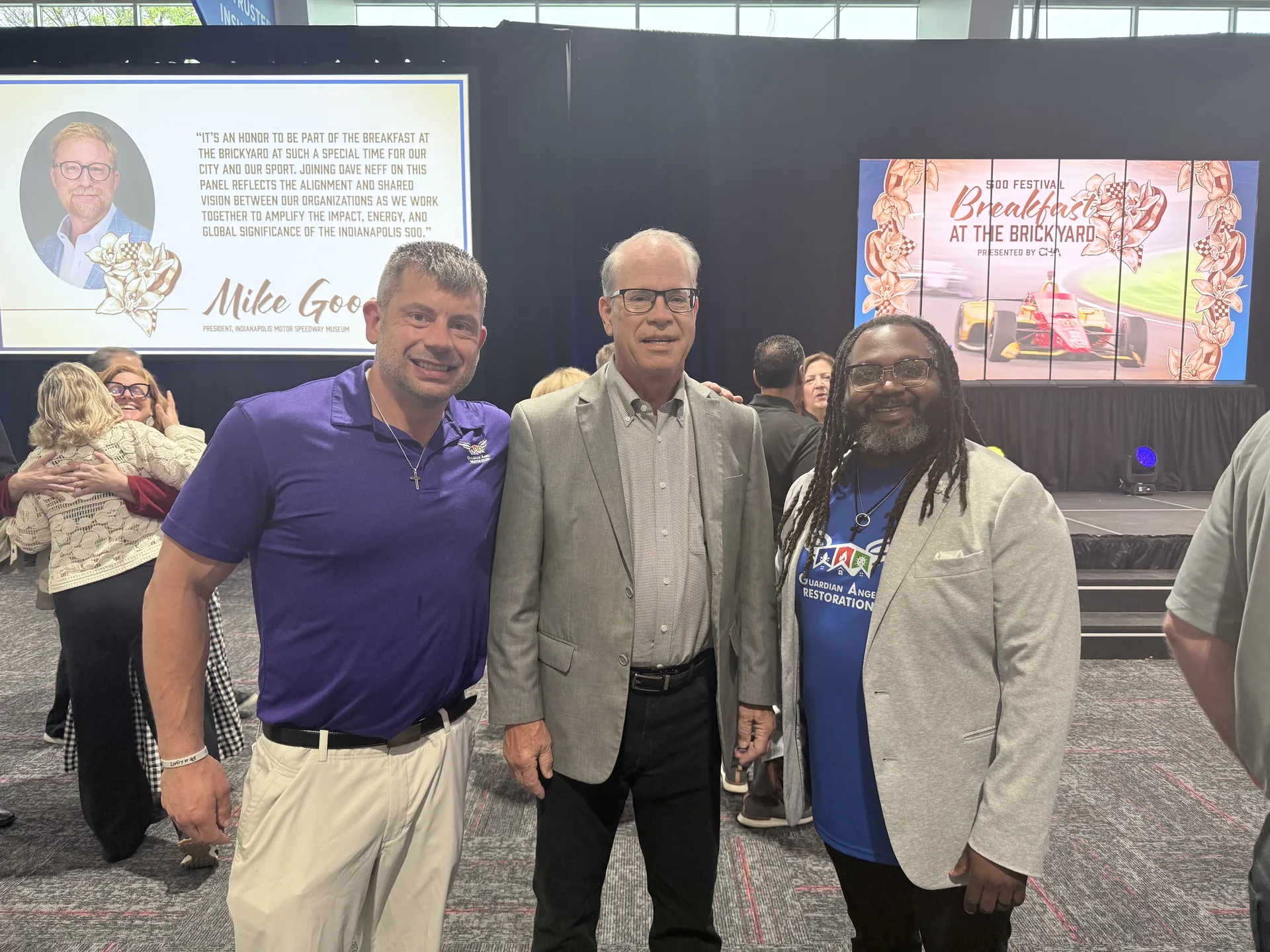 Guardian Angel team with IMS President Mike Goe at the 500 Festival Breakfast at the Brickyard