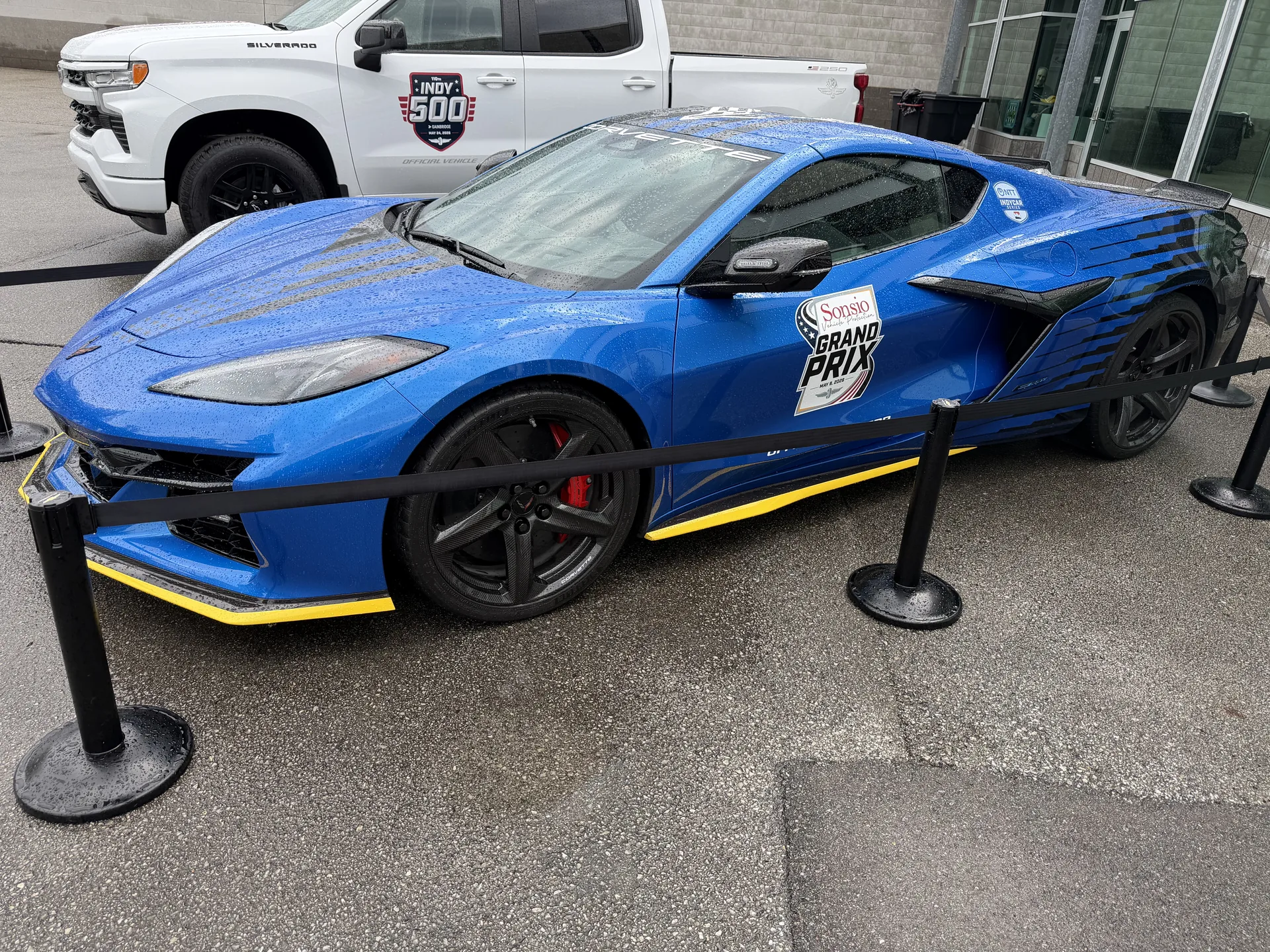 Side profile of the blue Corvette Z06 Sonsio Grand Prix Pace Car at the 500 Festival Breakfast at the Brickyard