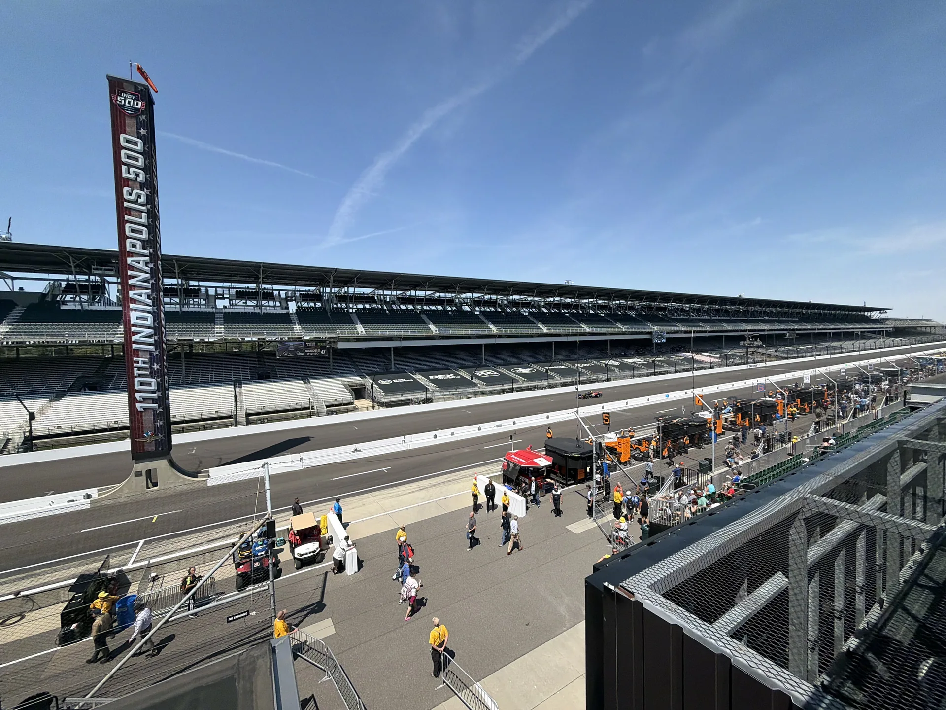 Empty pit lane and grandstands at Indianapolis Motor Speedway during the 500 Festival Breakfast