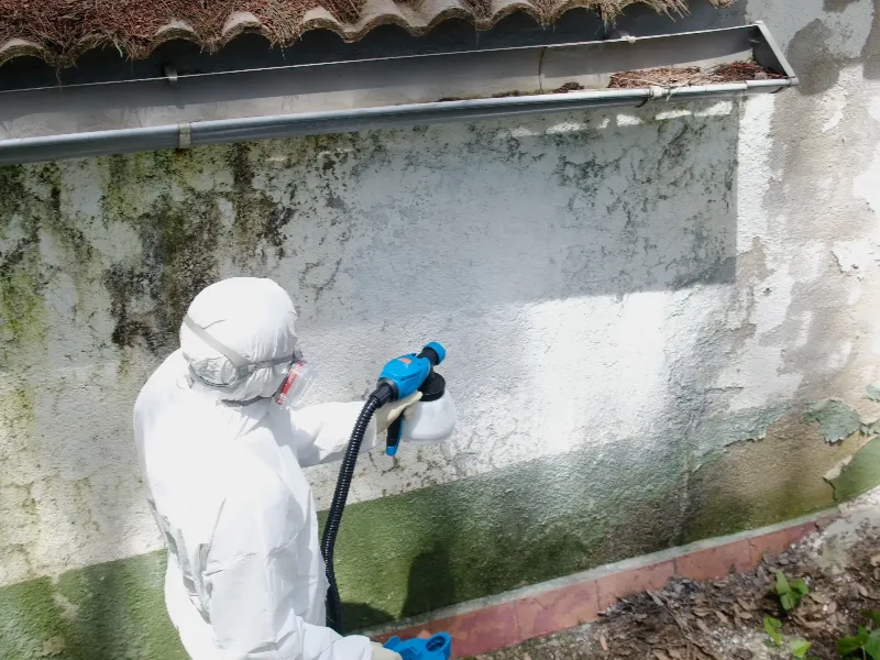 Guardian Angel Restoration IICRC-certified technician in full-face respirator and PPE applying EPA-registered antimicrobial treatment &mdash; the same protocols used for biohazard and trauma scene remediation in Hamilton County
