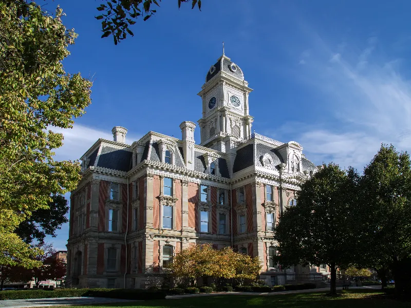 Hamilton County historic courthouse with clock tower in Downtown Noblesville Indiana, the county seat served by Guardian Angel Restoration