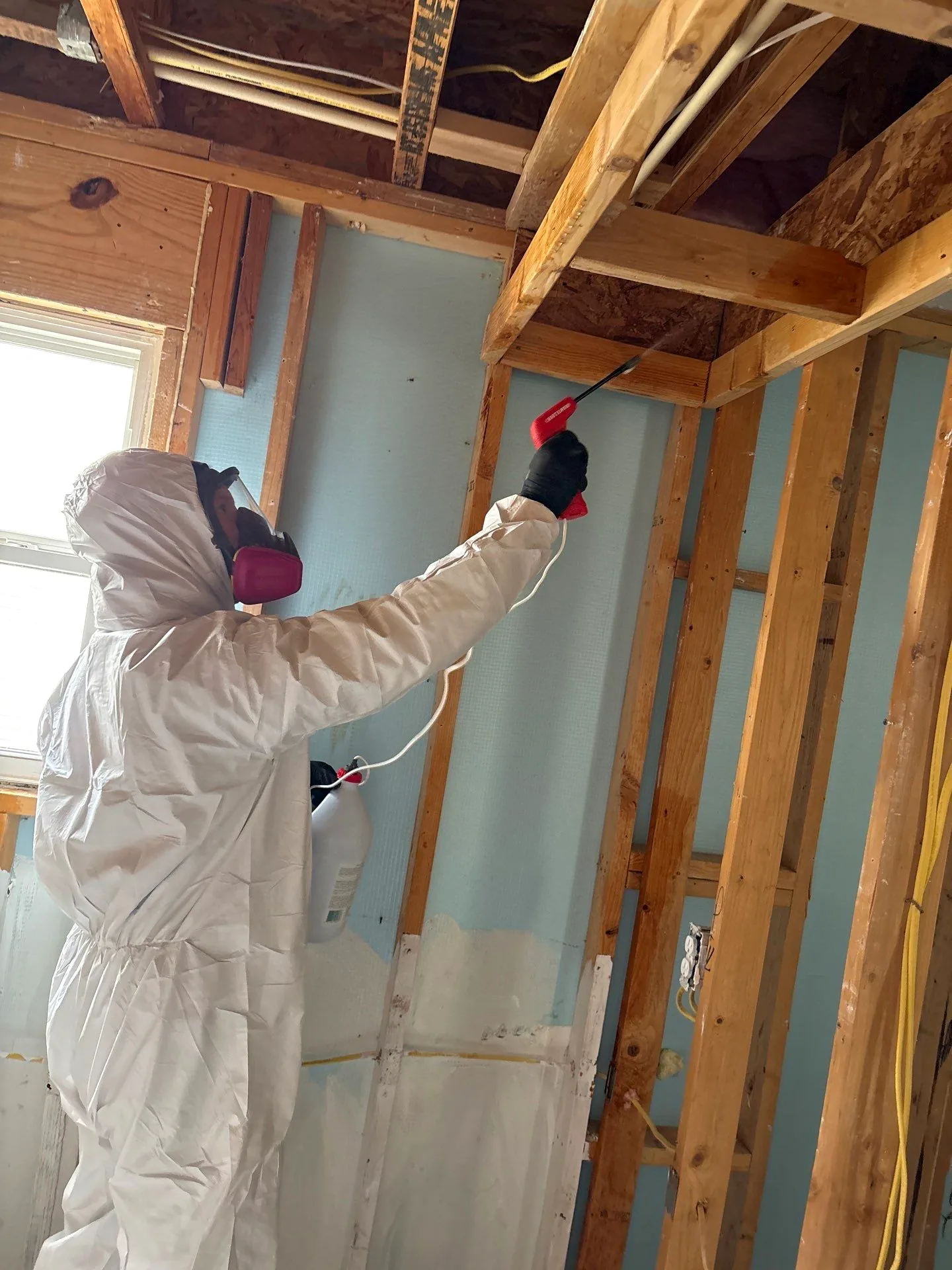 Technician in a protective suit treating ceiling framing overhead in a gutted room during mold cleanup.