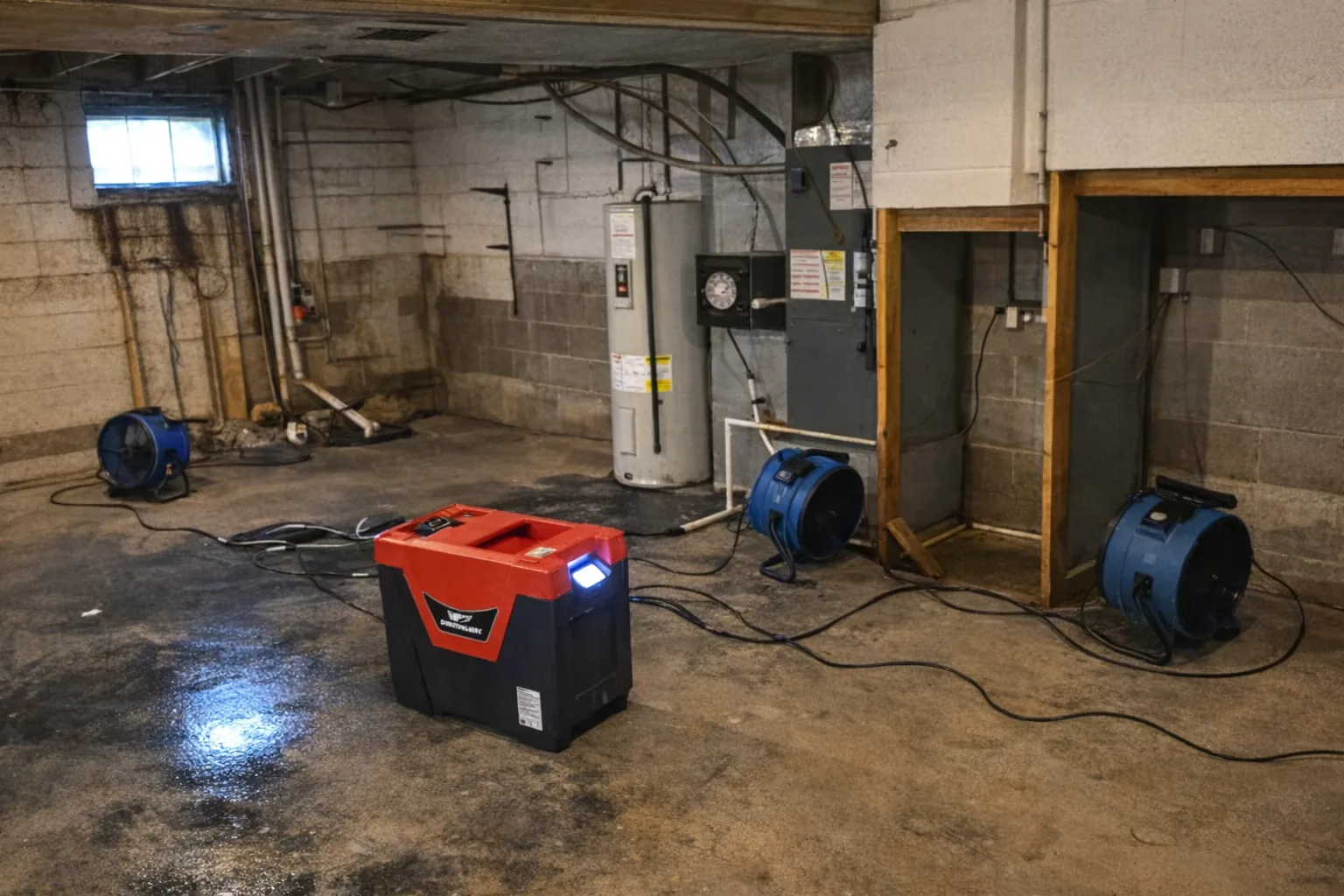 Dehumidifier and air movers drying a basement utility area after water was extracted.