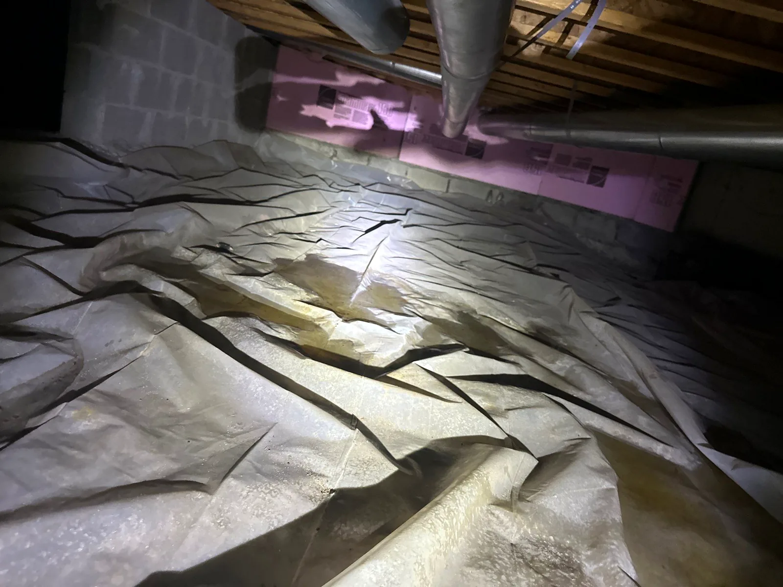Water pooling on the vapor barrier of a crawlspace during a flood response.
