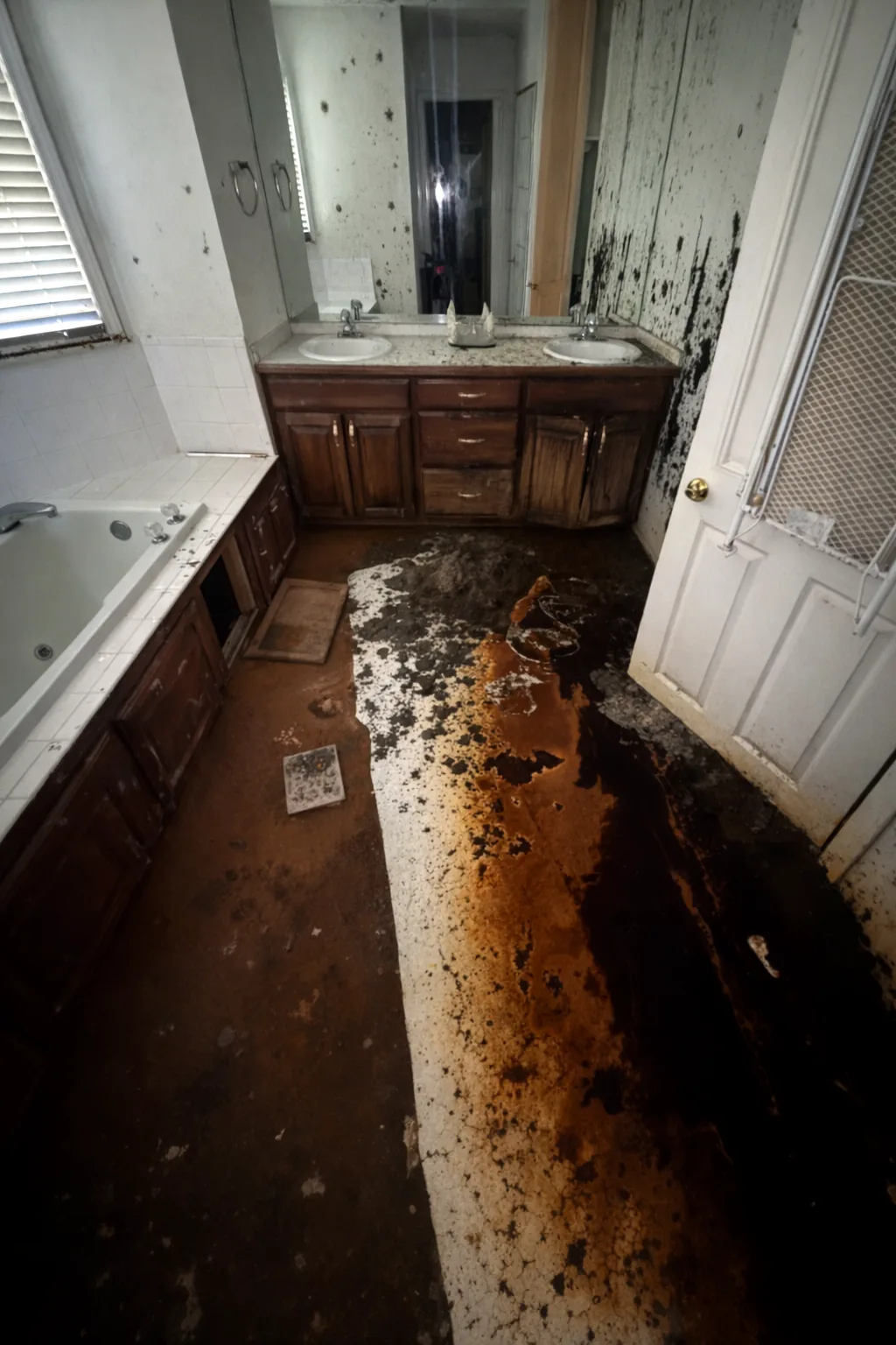 Bathroom with contaminated flooring cut out to the subfloor during sewage damage cleanup.